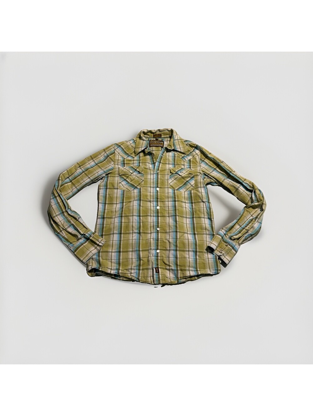 Vintage Y2K Hollister Custom Casuals Green Western Plaid Snap Shirt Small